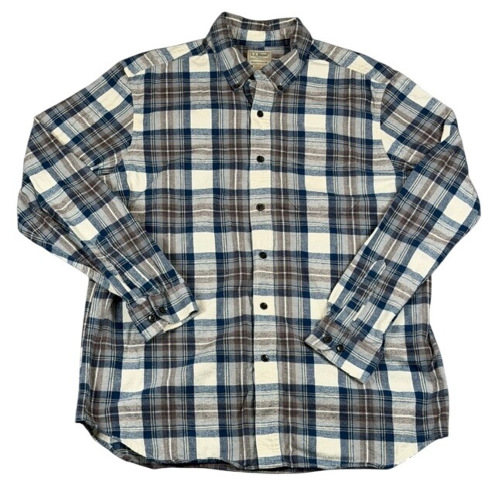 LL Bean Mens Traditional Fit Flannel Shirt Blue Brown Plaid Cotton 228061 L-REG